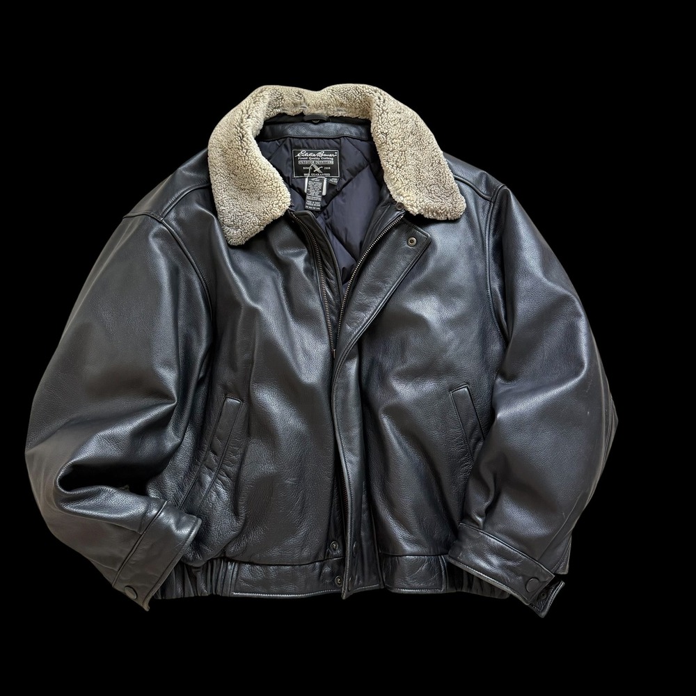 90's Eddie Bauer Black Leather Down Bomber Jacket Shearling Collar XXL XXL/XXG